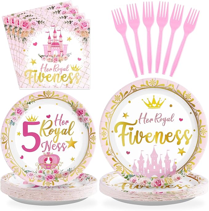 Grencian 96Pcs Princess Birthday Decorations Pink Princess 5th Birthday Party Plates and Napkins Disposable Her Royal Fiveness Paper Tableware for Girls 5 Year Old Castle Party Supplies, Serves 24