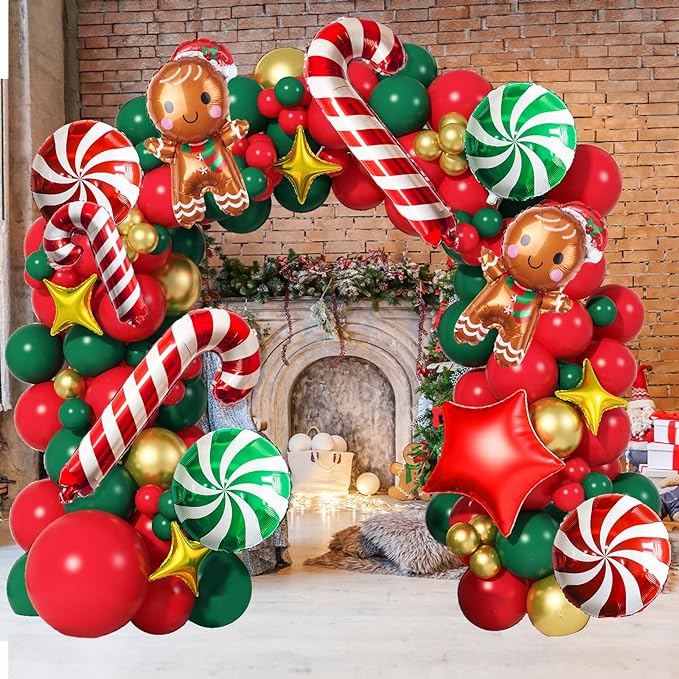 Christmas Balloon Garland Arch Kit Red Green Gold Latex Balloons Large Gingerbread Man Red Green Lollipop Candy Mini Cane Foil Balloons with Four/Five Pointed Star for Xmas New Year Party Decorations