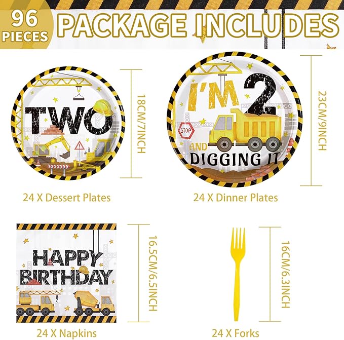96 Pcs Construction 2nd Birthday Party Supplies Construction Truck Plates and Napkins Tableware 350GSM Excavator Birthday Decorations Favors for Boys Tractor Dump Two Years Old, Serves 24