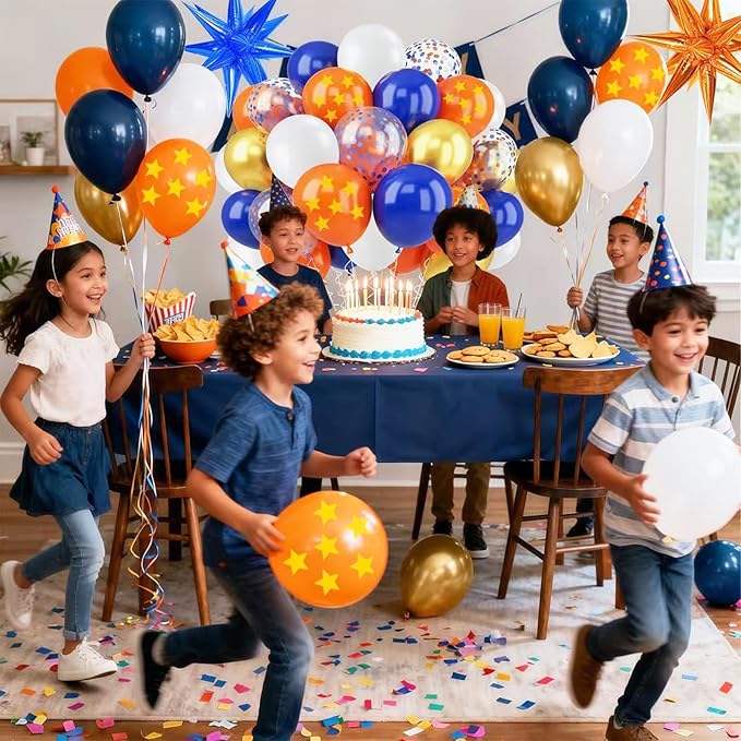 Blue Orange Gold Balloon 64Pcs 12 Inch，Pentagram Print Balloons for Cartoon Themed Birthday Party Decorations Boys Girls Gatherings Party Supplies