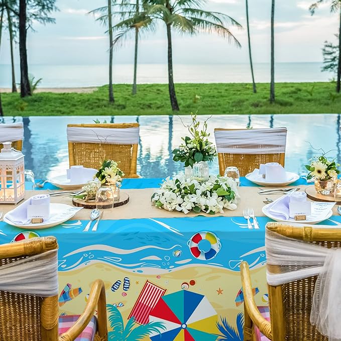 Gatherfun Beach Theme Party Supplies Summer Pool Disposable Tablecloth Plastic Waterproof Table Cover for Hawaiian Party Birthday Decorations, 3 Pack 54X108inch