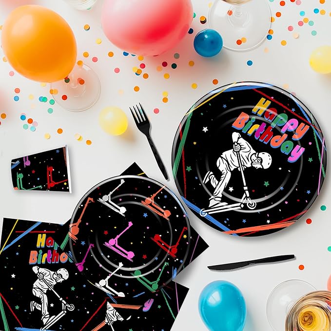 Scooter Birthday Decorations Tableware, Scooter Skating Party Supplies for Birthday Baby Shower, Paper Plate, Cup, Napkin, Disposable Cutlery | Serves 24