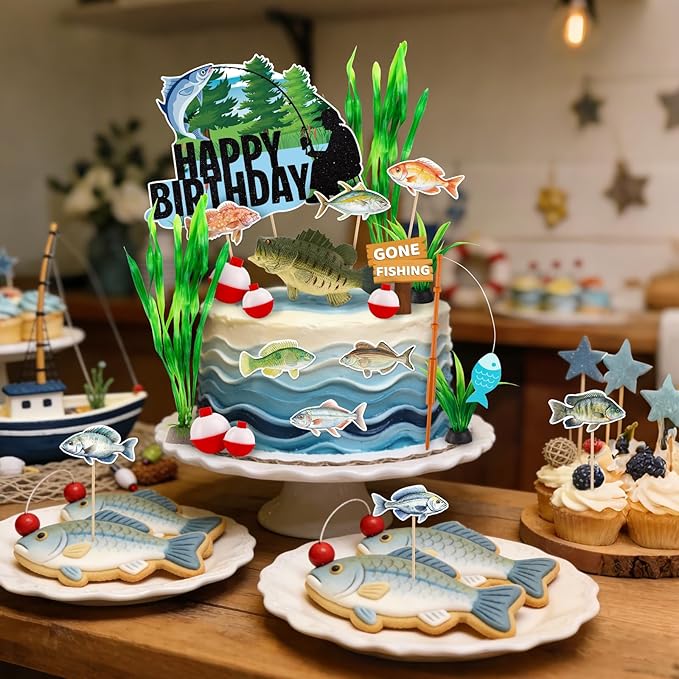 Hooqict 22Pcs Fishing Cake Decorations Set with Mini Bass Happy Birthday Cake Toppers & Fish Cupcake Toppers for Fisherman Gone Fishing Birthday Party Decorations Retirement Party Supplies Fathers Day