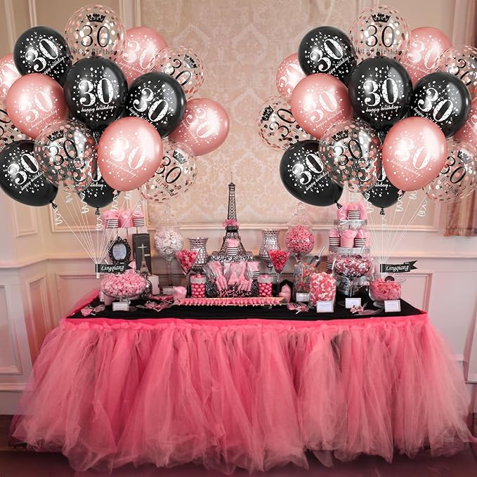 30th Birthday Balloons Rose Gold for Women, Pack of 15 Happy 30th Birthday Party Decorations for Her, Black Rose Gold 30th Balloons for Age 30 Years Old Birthday Celebration Party Decorations Supplies