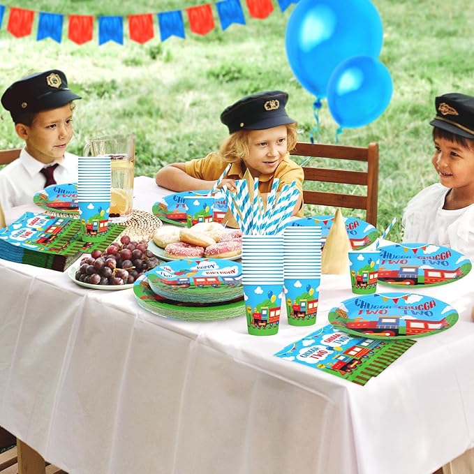 Chugga Chugga Two Two Birthday Party Decorations, 120Pcs Train Themed Party Supplies Transportation Disposable Tableware Includes Paper Plates, Napkins, Cups and Straws | Serves 24