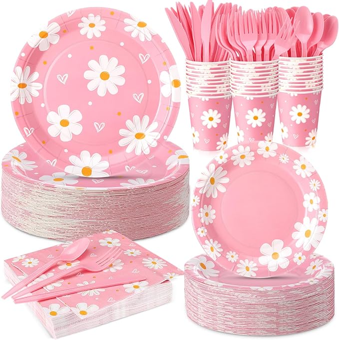 350 Pcs Daisy Party Supplies Tableware Set Disposable 9'' 7'' Paper Plates 9 oz Cups Cutlery Napkins Dinnerware Set for 1st Birthday, Serve 50 (Daisy Birthday, White, Pink)