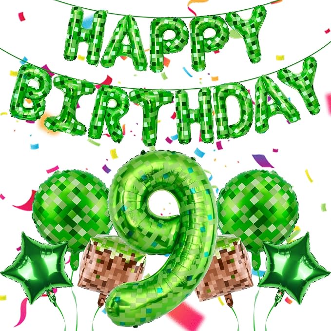 Green Pixel Themed Happy Birthday Banner Party Decorations Set Including 40 Inch Number 9 Foil Balloons, Themed Party Essentials, TNT Pixel Backdrop Supplies for Boys Indoor Outdoor Celebration