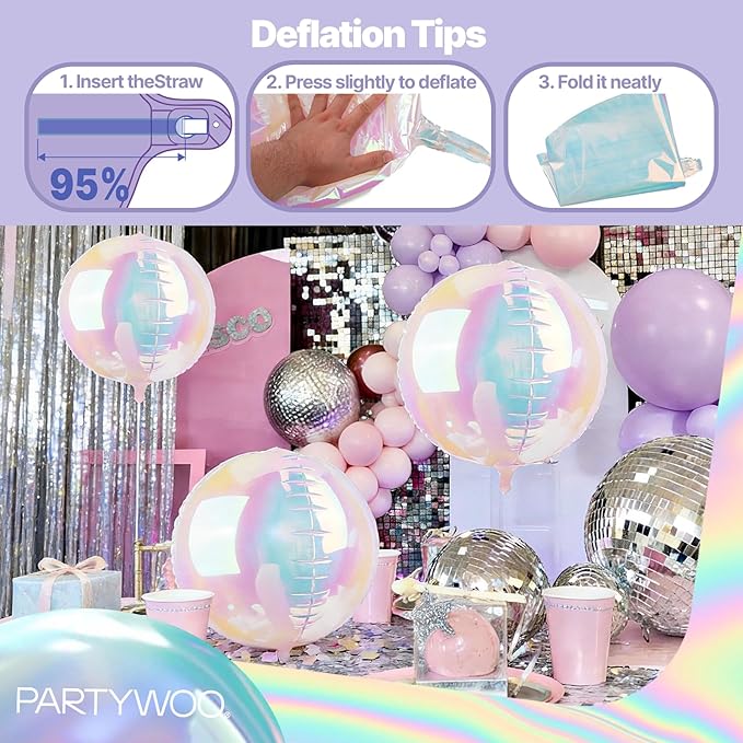 PartyWoo Iridescent Foil Balloons 20pcs Different Sizes Pack of 22 12 10 Inch Large Round Foil 4D Inflatable Mirror Ball Mylar Balloons for Wedding Anniversary Birthday Disco Party Decorations