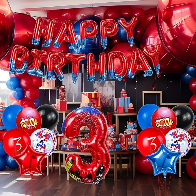 Cartoon Hero 40 Inch Red and Blue Spider Theme Number Foil Birthday Decoration Balloon, Spider Theme Happy Birthday Banner Party Decoration Balloon, Letter Logo Superhero Party Supplies (3)