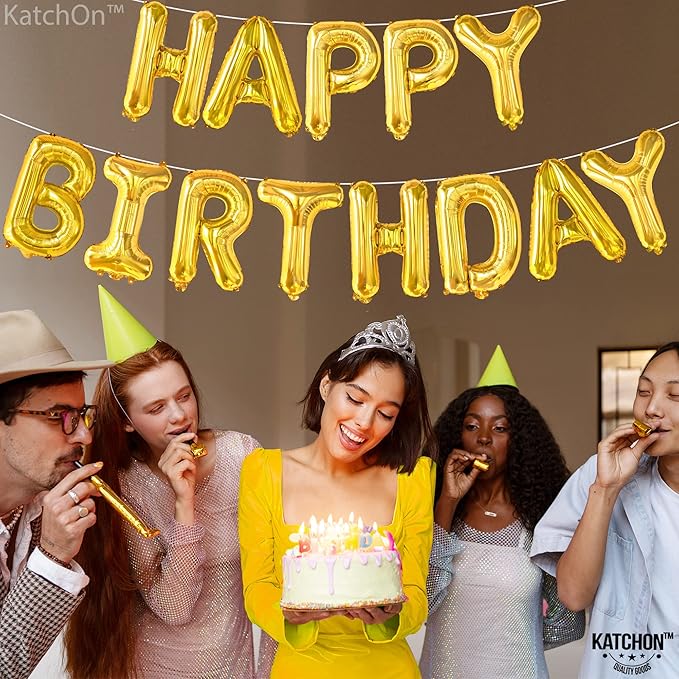 KatchOn, Gold Happy Birthday Balloon Banner -16 Inch | Gold Birthday Balloons | Golden Birthday Decorations | Happy Bday Foil Balloons | Happy Birthday Balloon letters for Men, Women, Girl and Boys