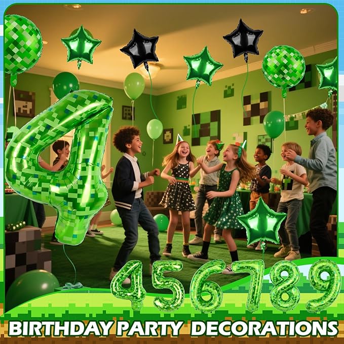 40 Inch Green Pixel Themed Number 4 Balloon Set Foil Balloon for Girls & Boys Birthday Party Decorations, Party Supplies & Favors (Number 4)
