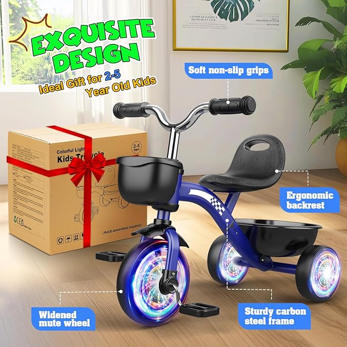 Toddler Tricycle for 1-3 3-4 Year Olds, 2 3 4 Year Old Boys Girls Birthday Gifts, Toddler Toys Baby Bike, Outdoor Toys for Ages 2-4, 3-Level Adjustable Seat, 3 Color Light Wheels, 2 Baskets