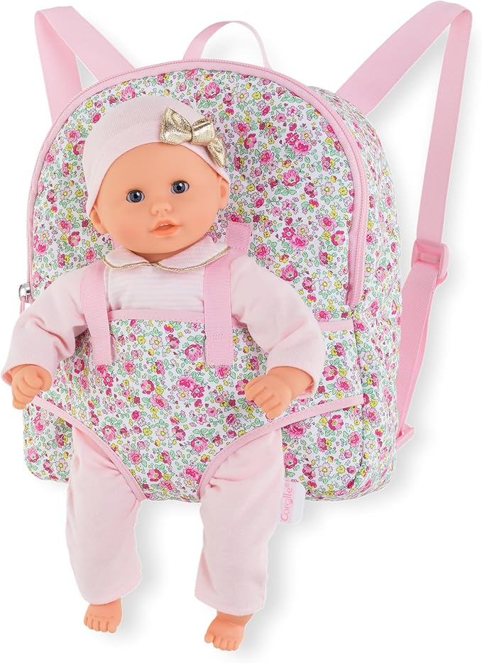 Corolle Backpack Baby Doll Carrier for 12 Inch Dolls - Toddler Baby Doll Carrier for Little Girls Age 1-3, Adjustable Straps with Zippered Storage, Hands-Free Play, Pink