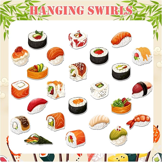 24 Pcs Sushi Hanging Swirls Sushi Ceiling Swirls Decorations Sushi Birthday Party Supplies for Japanese Sushi Birthday Baby Shower Decorations Sushi Party Decorations