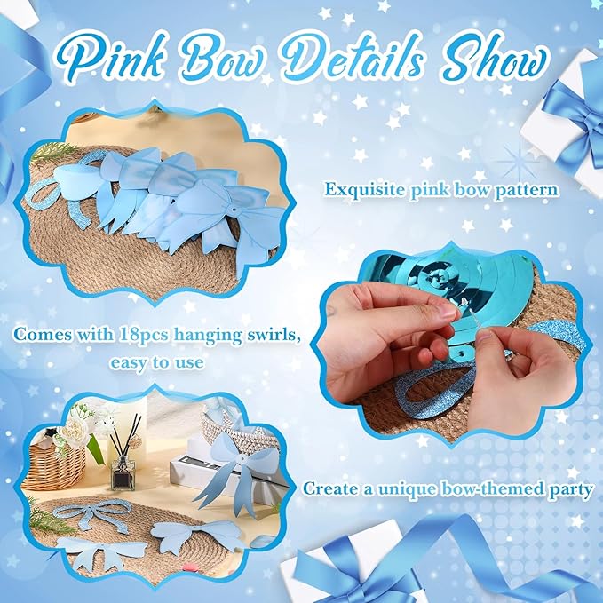 28 Pcs Bow Birthday Decorations Coquette Bow Birthday Hanging Swirls Decorations for Bridal Shower Party Supplies Wedding Christmas Party (Blue)