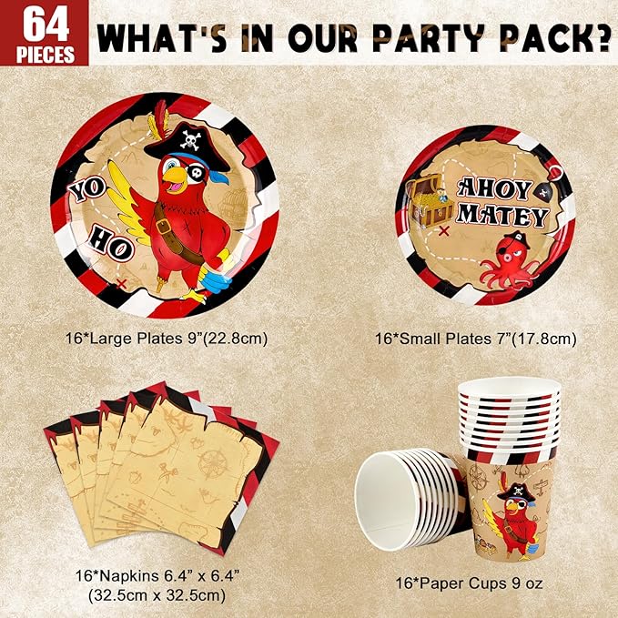 WERNNSAI Pirate Birthday Decorations - 64 PCS Pirate Plates Napkins and Cups Parrot Party Decorations Treasure Party Favors for Kids Birthday Treasure Theme Supplies Serves 16 Guests