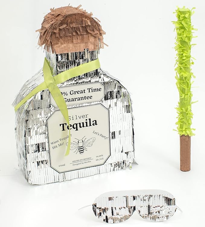 Tequila Bottle Pinata, Silver, Perfect for Birthday Parties, 10.5 x 10.5 x 4 Inches, 5 Pound Capacity, Adult-Party Pinata