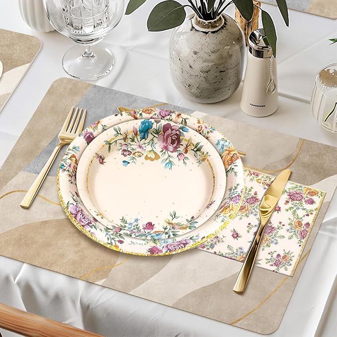 180Pcs Vintage Floral Party Supplies Paper Plates and Napkins Serve 60 Disposable Tableware Set for Birthday Party Decorations Game Day Family Holiday Sports Events