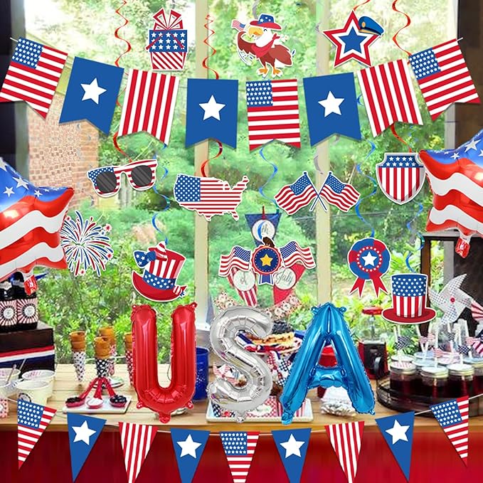 USA Party Decorations, Red Blue White Decorations with American Flag Banner, 12Pcs USA Hanging Swirls Decors, Pennant Bunting Banner, Foil Balloons for Welcome Home Patriotic Party Supplies