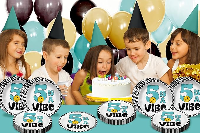 Five is a Vibe Smiley Face Fifth Birthday - 32 Piece Disposable Party Supplies - Decorations for Boy's 5th Birthday Round Party Plates - Large 9" Paper Plates In Bulk