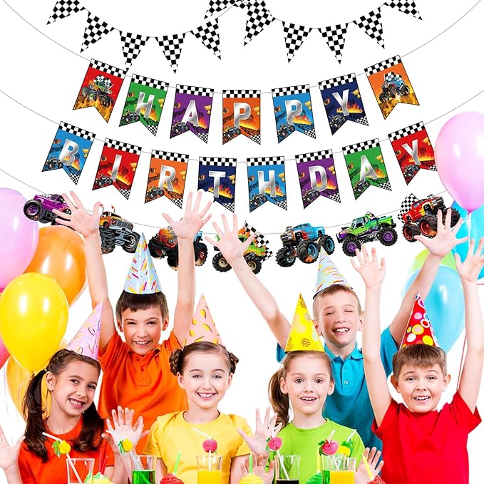 Pasimy 4 Pcs Truck Birthday Banner Cars Monster Truck Themed Garland Black and White Checkered Flags Pennants Green Purple Happy Birthday Bunting Racing Car Theme Party Decorations Supplies