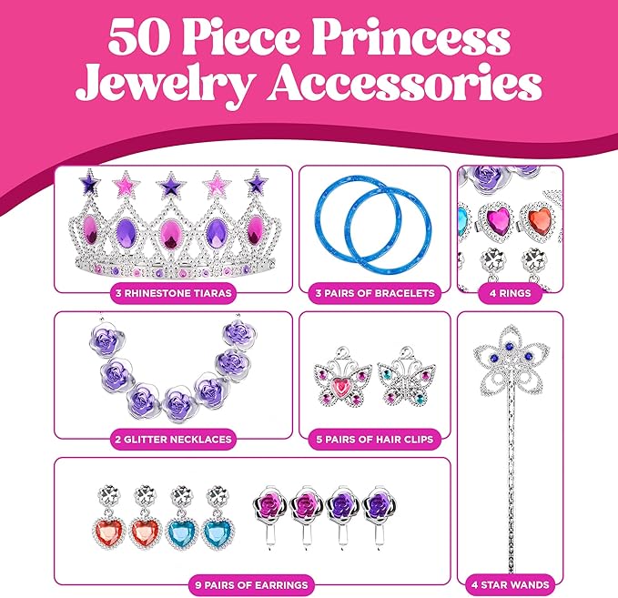 Liberty Imports 50 PCS Princess Jewelry Dress Up Accessories, Pretend Play Set Jewelry Party Favors for Girls Cosplay Party Favors with Crown Wand Ring Earring Necklace