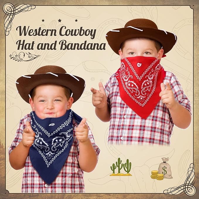 Unittype 18 Sets Cowboy Hats and Bandanas Bulk Kids Western Cowboy Costume Accessories Kids Party Supplies