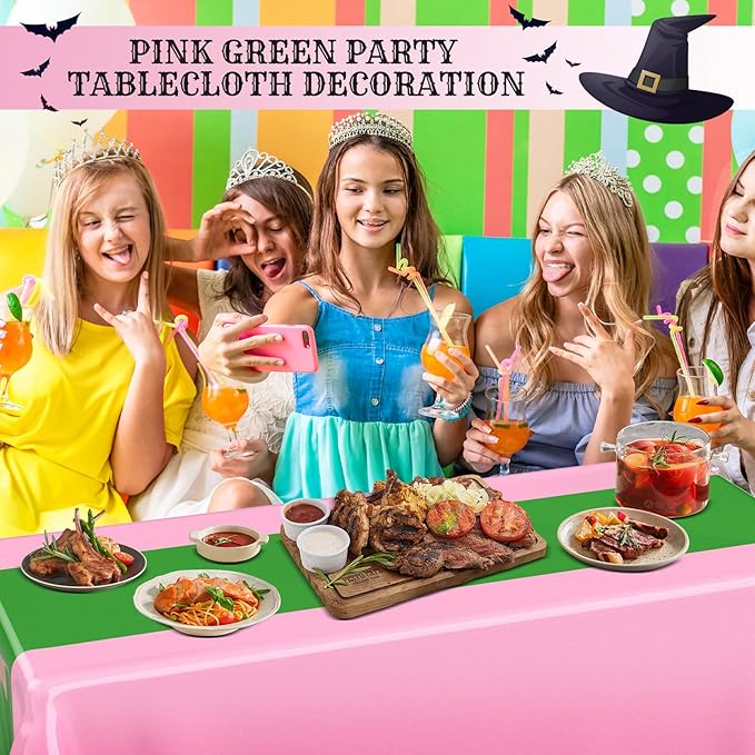 Oudain 3 Pcs Witch Princess Theme Party Pink & Green Party Tablecloth 54 x 108 Inch Plastic Rectangle Tablecloth Waterproof Table Cover for Witch Princess Theme Birthday Decoration