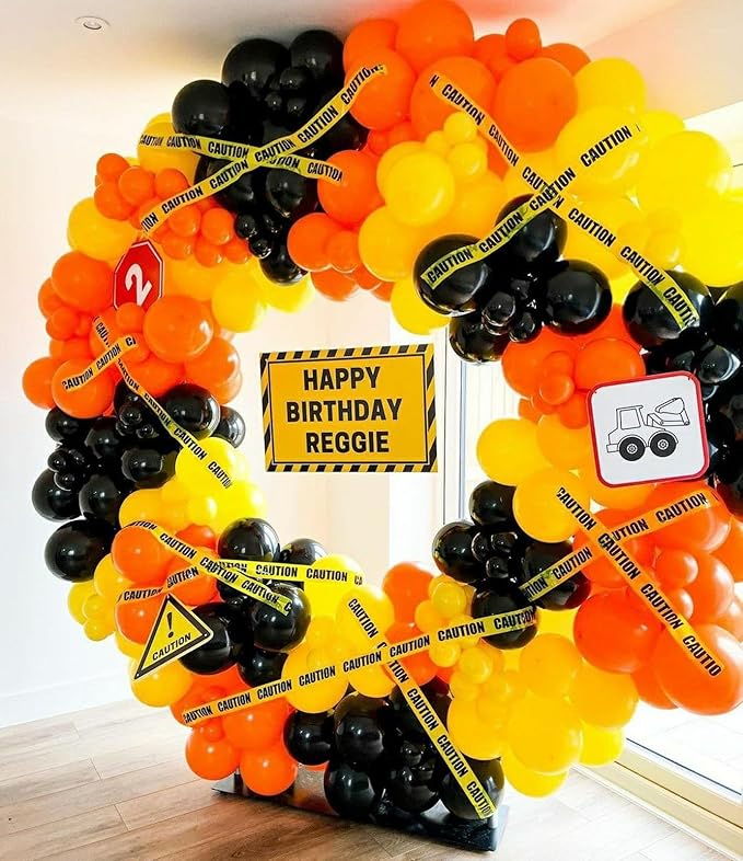 Construction Balloons, 12 inch Black Orange Yellow Balloons,Excavator Helmet Warning Printed Latex Balloons for Construction Party Birthday Truck Theme Baby Shower Boys Party Supplies