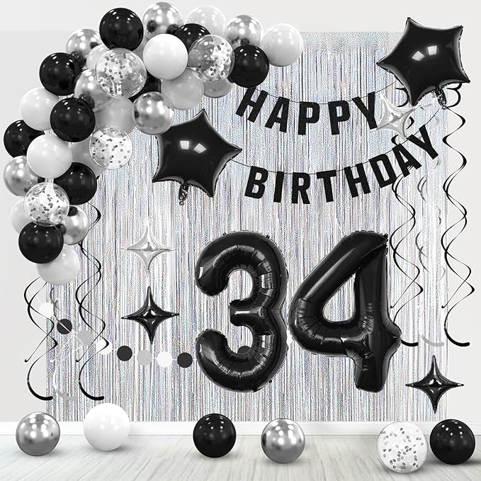 34th Birthday Decorations for Men Women- Black Silver Happy 34th Birthday Party Decor With Banner Backdrop,Number 34 Foil Balloon -Black White Balloons Garland Arch Kit for 34 Years Old