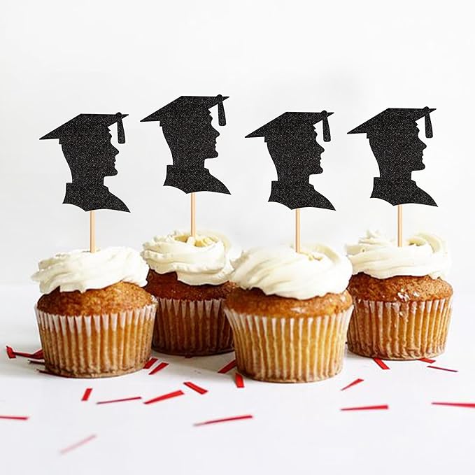 24pcs 2026 Black Male Student Graduation Cupcake Toppers Boys Graduate Silhouette Cupcake Picks 2026 Students Graduation Theme Party Cake Decorations Supplies