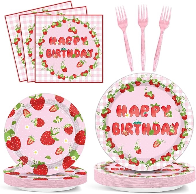 96 PCS Strawberry Theme Birthday Shortcake Party Paper Plates and Napkins Disposable Strawberry Party Plates Dinnerware Berry Sweet Tableware Decor for Baby Shower Birthday Gatherings Decorations