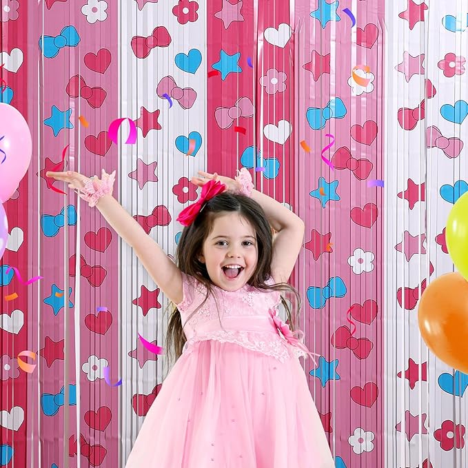 Adorable Kawaii Cat Party Decor Kit with 15 Balloons - 2 Pack 3.3x6.6ft Tinsel Foil Fringe Curtains Backdrop, Photo Booth Bows, Girls’ Birthday Party Supplies Room Decor (Pink/White)