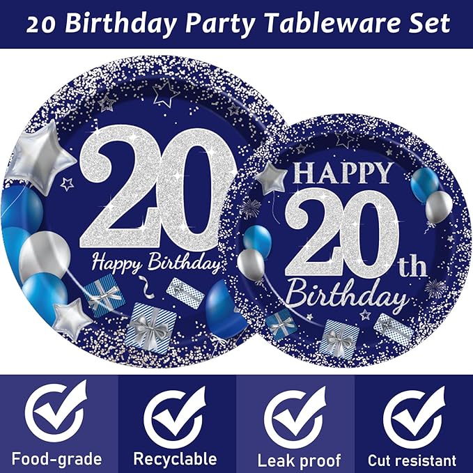 96 Pcs 20th Birthday Party Supplies Navy Blue and Silver Birthday Plates 20th Birthday Paper Tableware Happy Birthday Party Plates and Napkins Forks Blue Birthday Table Decorations for 24 Guests