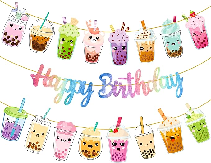 Bubble Tea Birthday Party Decoration Bubble Milk Tea Theme Colorful Happy Birthday Banners for Boba Theme Birthday Party Baby Shower Supplies