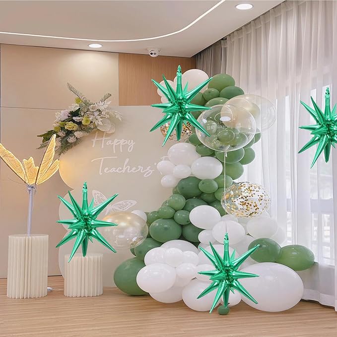 6 Pcs Green Star Foil Balloons One-Piece 14-Pointed Star Balloon 4D Cone Mylar 22inch Christmas Birthday Wedding Fireworks Shape Party Supplies (Green)