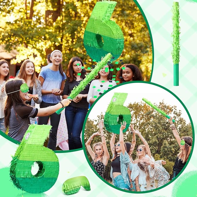 Number Piñata Decorations 16 Inch Gradient Green Piñata with Blindfold Stick and Confetti for Birthday Baby Shower Safari Jungle Themed Party Supplies Centerpiece(Number 6)
