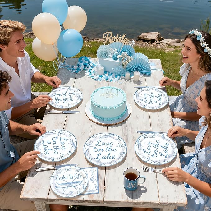 96Pcs Happy Engagement Party Decorations ﻿Dusty Blue Wedding Decor Plates and Napkins Disposable Love on the Lake Engagement Themed Tableware for Girls Bridal Shower Wedding Party Supplies Serves 24