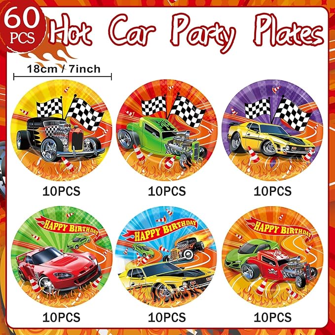60Pcs Hot Car Birthday Party Supplies Colorful Racing Cars Plates Race Car Tableware Party Decorations for Kids Boys Baby Shower Hot Car Wild Racer Dinnerware Favors for 60 Guest