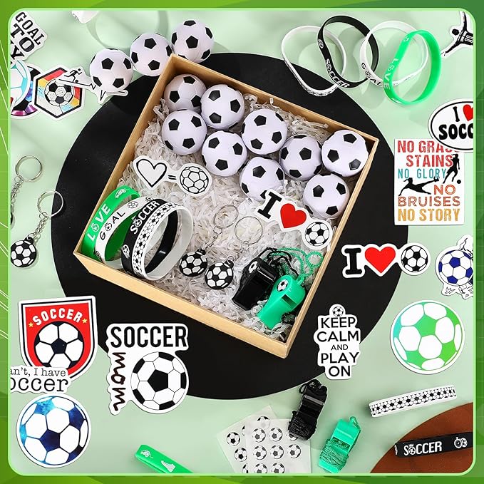 Aoriher 108 Pcs Soccer Party Favors Set Soccer Party Themed Goodie Bag Fillers Mini Soccer Balls Whistle Silicone Bracelet Tattoo Sticker Temporary Keychain for Sport Party Supplies