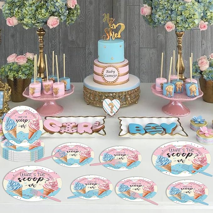 96PCS Whats The Scoop Plates and Napkins Party Supplies Whats The Scoop Gender Reveal Decorations Ice Cream Gender Reveal Party Decorations Disposable Paper Tableware Set Serves 24 Guests