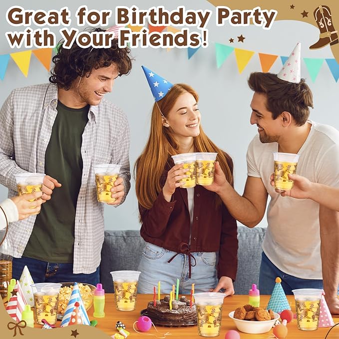 100 Pcs Western Plastic Cups 12 oz Clear Disposable Plastic Cowboy Cowgirl Drinking Cups Bulk for Boho Preppy Baby Shower Birthday Wild West Party Decoration Supplies(Cowboy Shoes,Brown)