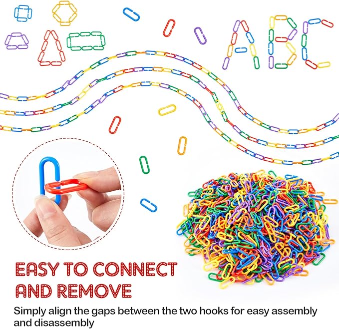 Wettarn Bucket of 1000 Pcs Rainbow C Clip Hooks Chain Links Operation Christmas Plastic Kids Counting Toys Bulk Math Manipulatives Counters for Learning Supplies DIY Education Gifts Fine Motor Skill