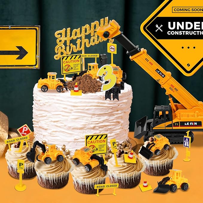 RAYNAG 16 Pieces Construction Cake Topper Vehicles Cake Decoration Set Construction Birthday Party Supplies Large Crane Excavator Traffic Road Sign Cake Topper for Birthday Party Supplies Favours