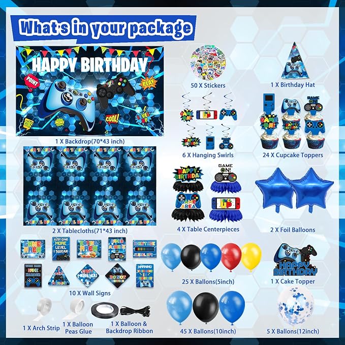 Video Game Birthday Party Decorations, 179Pcs Gamer Gaming Birthday Party Supplies Decor with Backdrop, Sticker, Balloons, Cake Toppers, Tablecloth, Centerpieces, Hanging Swirls, Wall Signs
