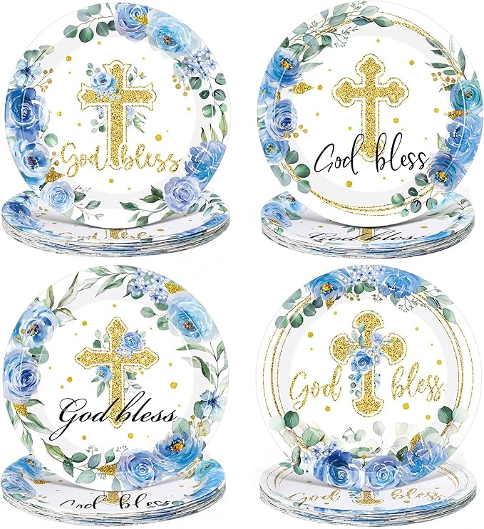 60 Pcs Baptism Cross Paper Plates 9 Inch God Bless Flower Disposable Plates First Holy Communion Floral Party Plate Tableware for Christening Celebration Baby Shower Religious Party Supplies