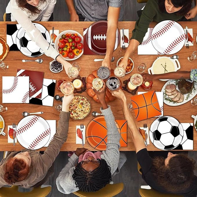 96 Pcs Sports Party Decoration Sport Plates and Napkins Basketball Football Baseball Dessert Cake Tableware Supplies Rugby Theme Activities Game Disposable Paper Party Dinnerware Favor