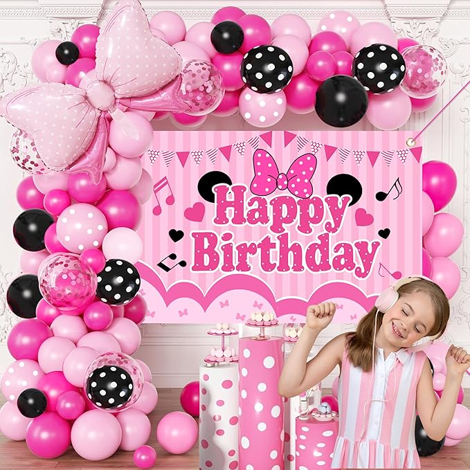 Pink Birthday Party Supplies - Pink and Black Balloon Arch Garland Kit Decorations,Backdrop for boys Kids