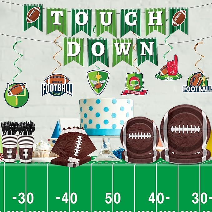 Qyeahkj 184pcs Football Party Supplies Decorations Set Serves 25 Includes Plates Napkins Cups Tablecloth Hanging Swirls Banner Tableware Kit for Football Game Party Decorations Favors