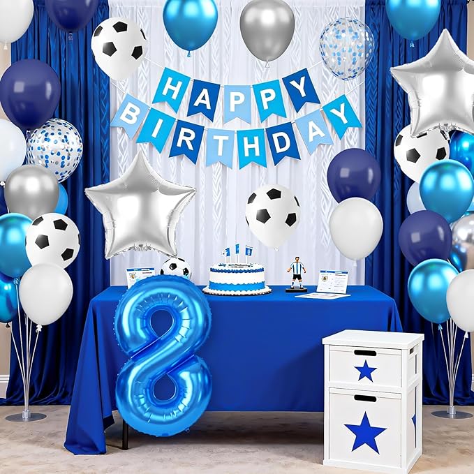 Soccer Birthday Party Decoration for Boys, 8th Soccer Birthday Decoration with Blue White Silver Balloons 'HAPPY BIRTHDAY' Banner 32in Foil 8 Balloon for Boy Kids Birthday Baby Shower Decor